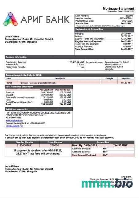 Mongolia Arig Bank wyciąg z kredytu hipotecznego szablon Word i PDF